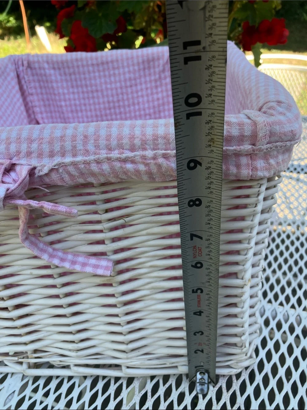 White Wicker Basket With Cotton Lining in Pink Gingham Pattern With Ties
